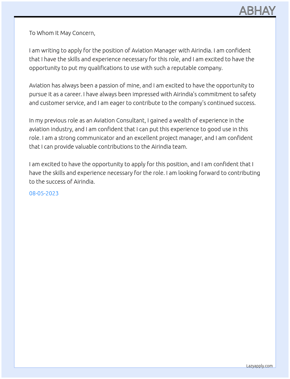 Aviation At Airindia Cover Letter