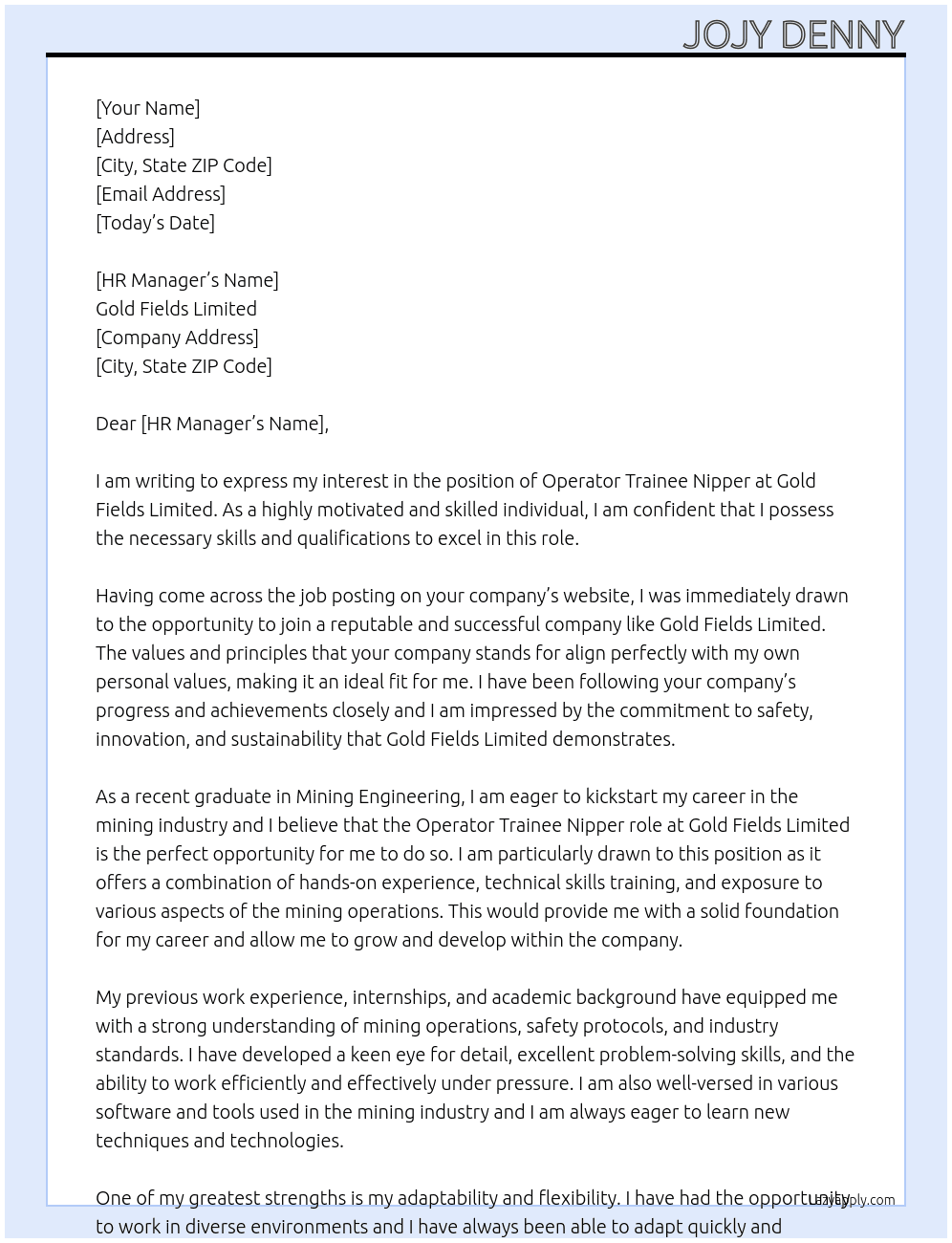 Operator Trainee Nipper  At Gold Fields Limited  Cover Letter