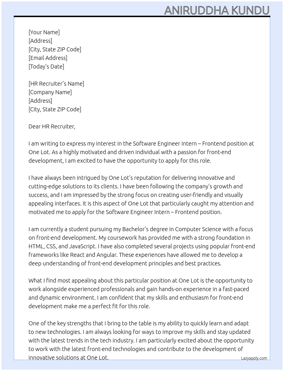 Cover letter for software engineer intern - frontend - LazyApply