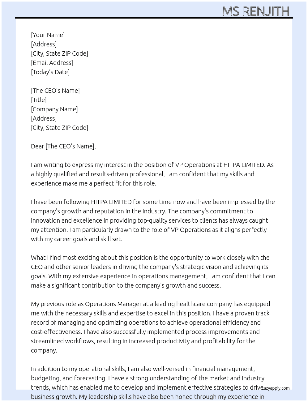 VP Operations  At HITPA LIMITED  Cover Letter
