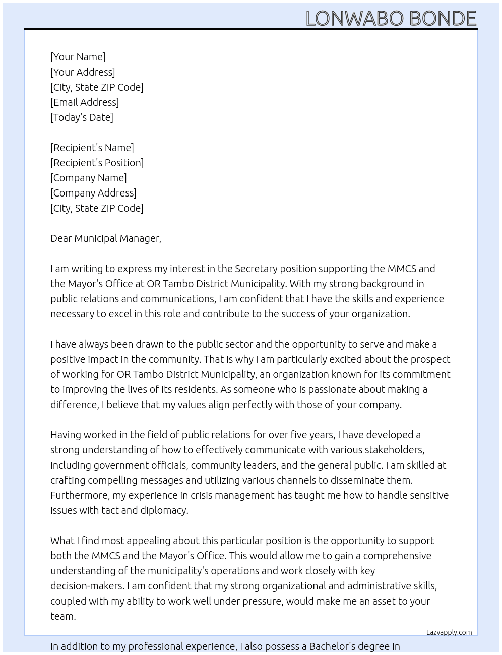 Secretary position supporting MMCS and the Mayor's Office At OR Tambo District Municipality  Cover Letter