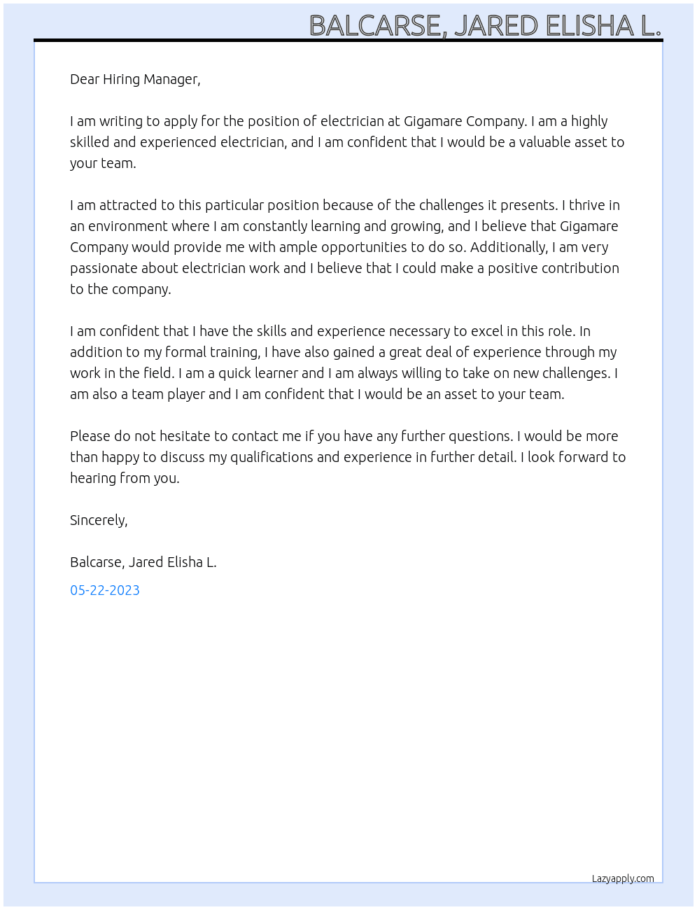 Electrician At Gigamare Company Cover Letter