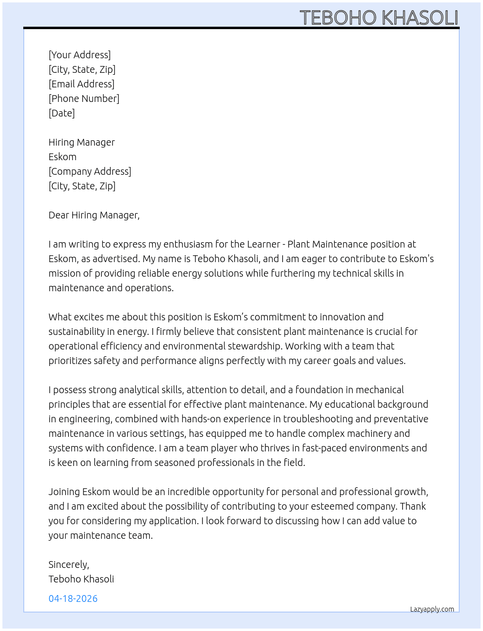 Learner- Plant Maintenance  At Eskom Cover Letter