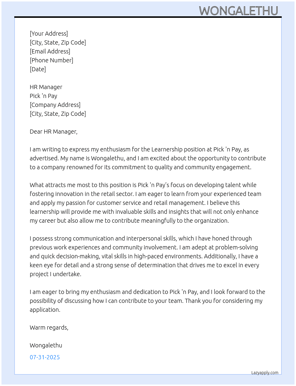 Learnership At Pick'and pay Cover Letter