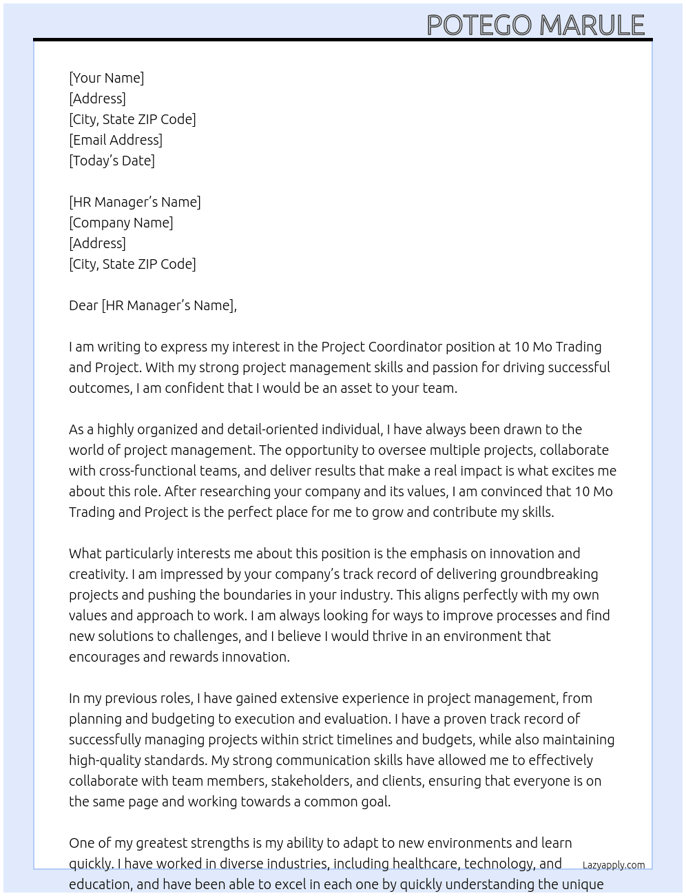 Project coordinator  At 10 Mo trading and project  Cover Letter