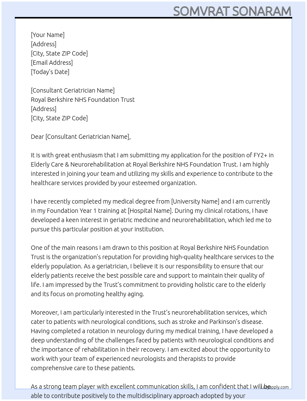 FY2+ in Elderly Care & Neurorehabilitation At Royal Berkshire NHS Foundation Trust Cover Letter