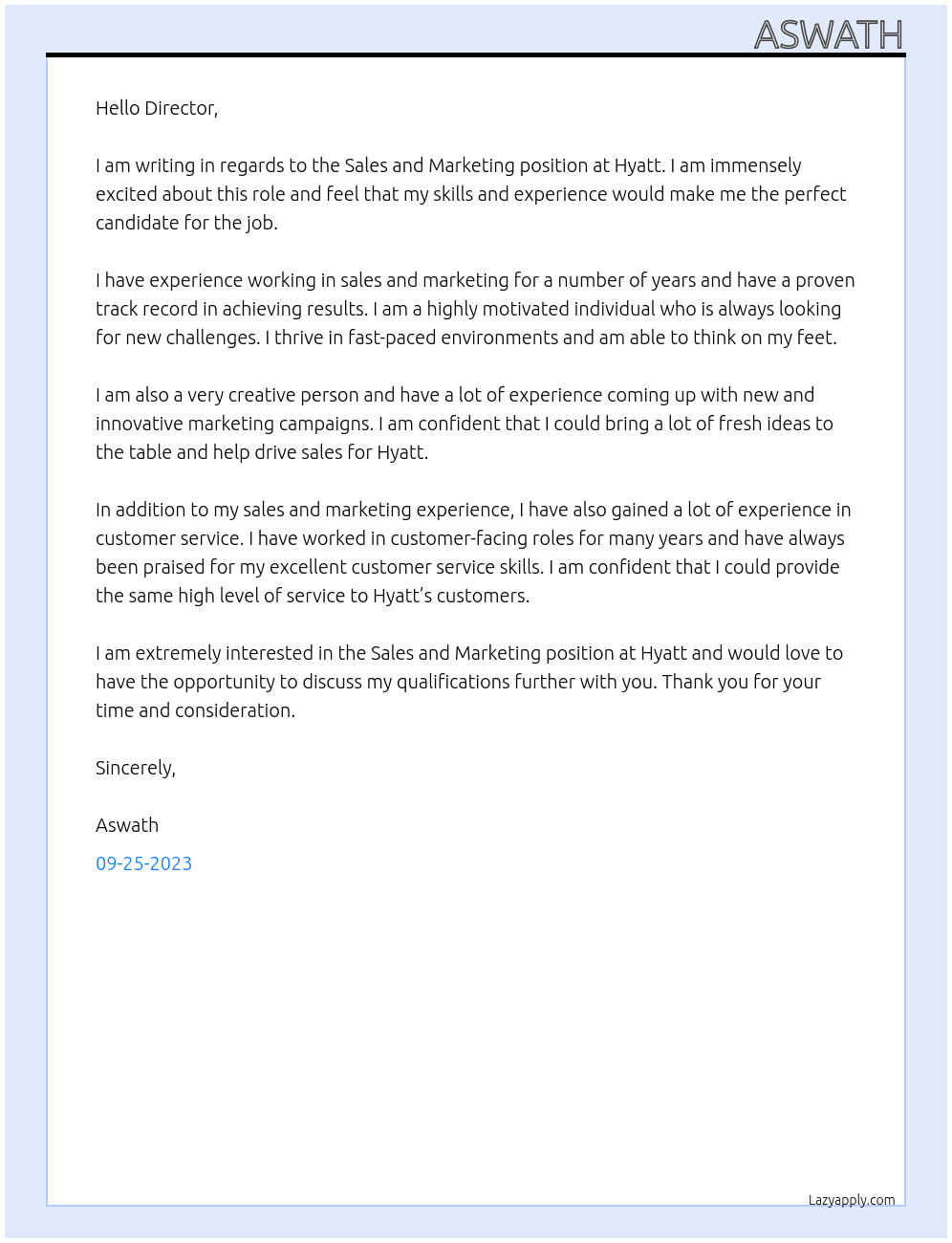 Sales and Marketing At Hyatt Cover Letter