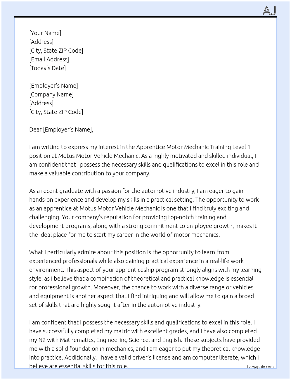 Apprentice Motor Mechanic Training Level 1 At Motus Motor Vehicle Mechanic Cover Letter