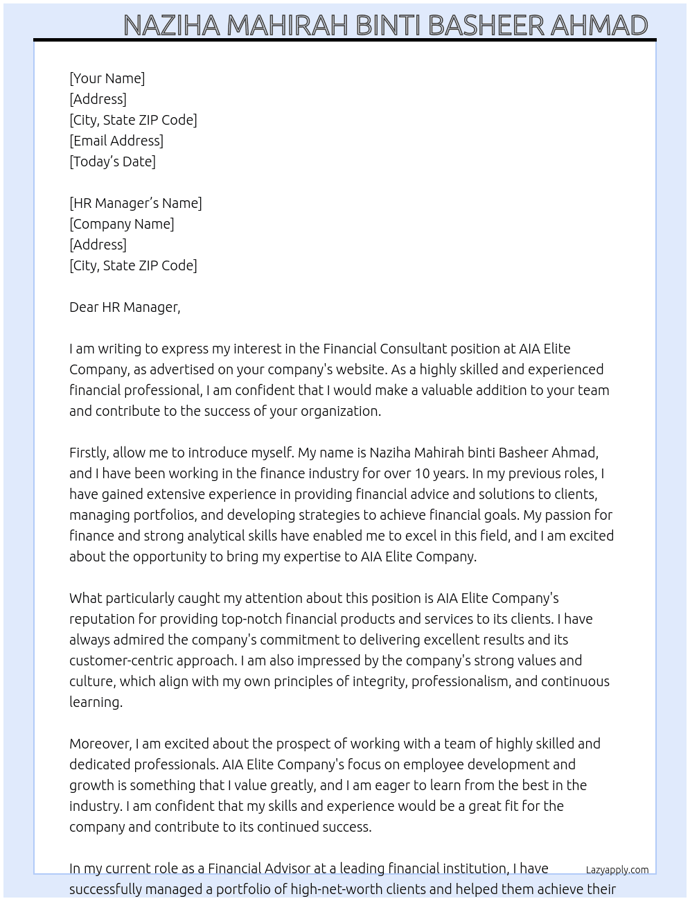 Financial Consultant At AIA Elite Company Cover Letter