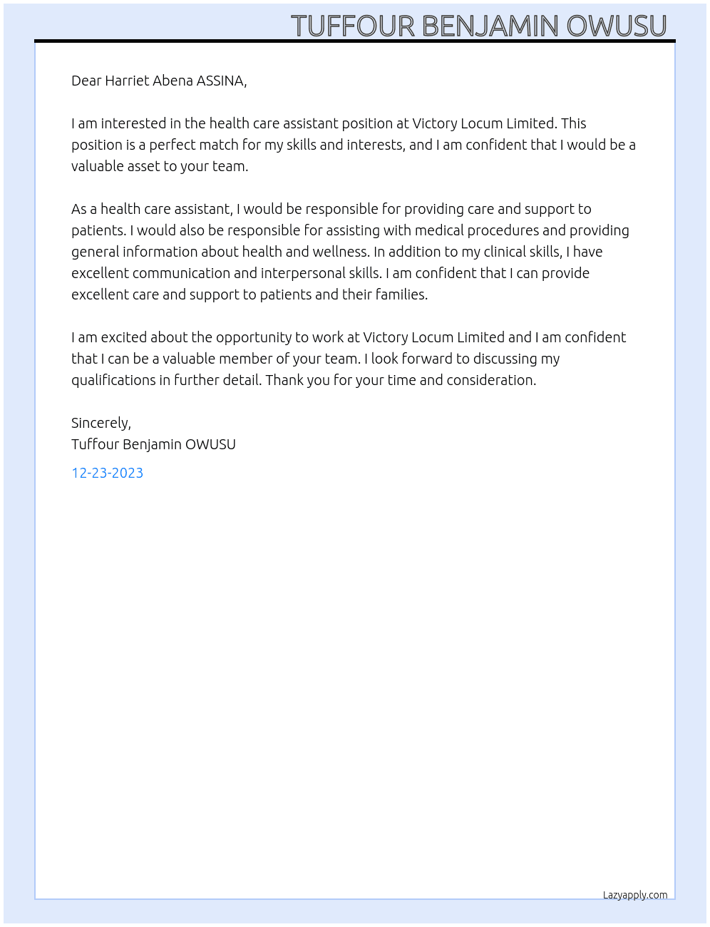 Health care Assistant  At Victory Locum Limited  Cover Letter