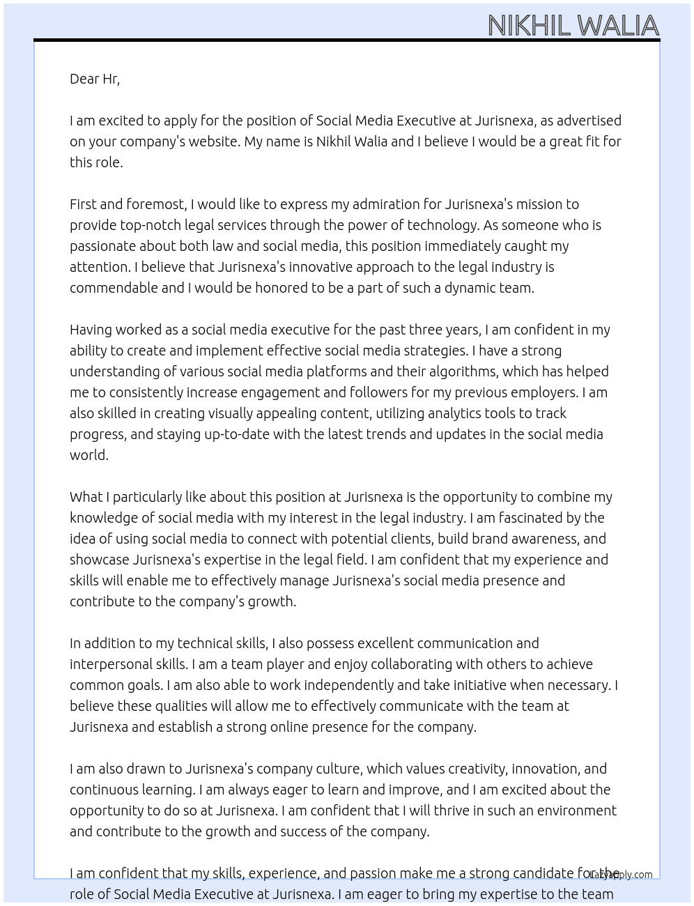 Social media executive  At Jurisnexa Cover Letter