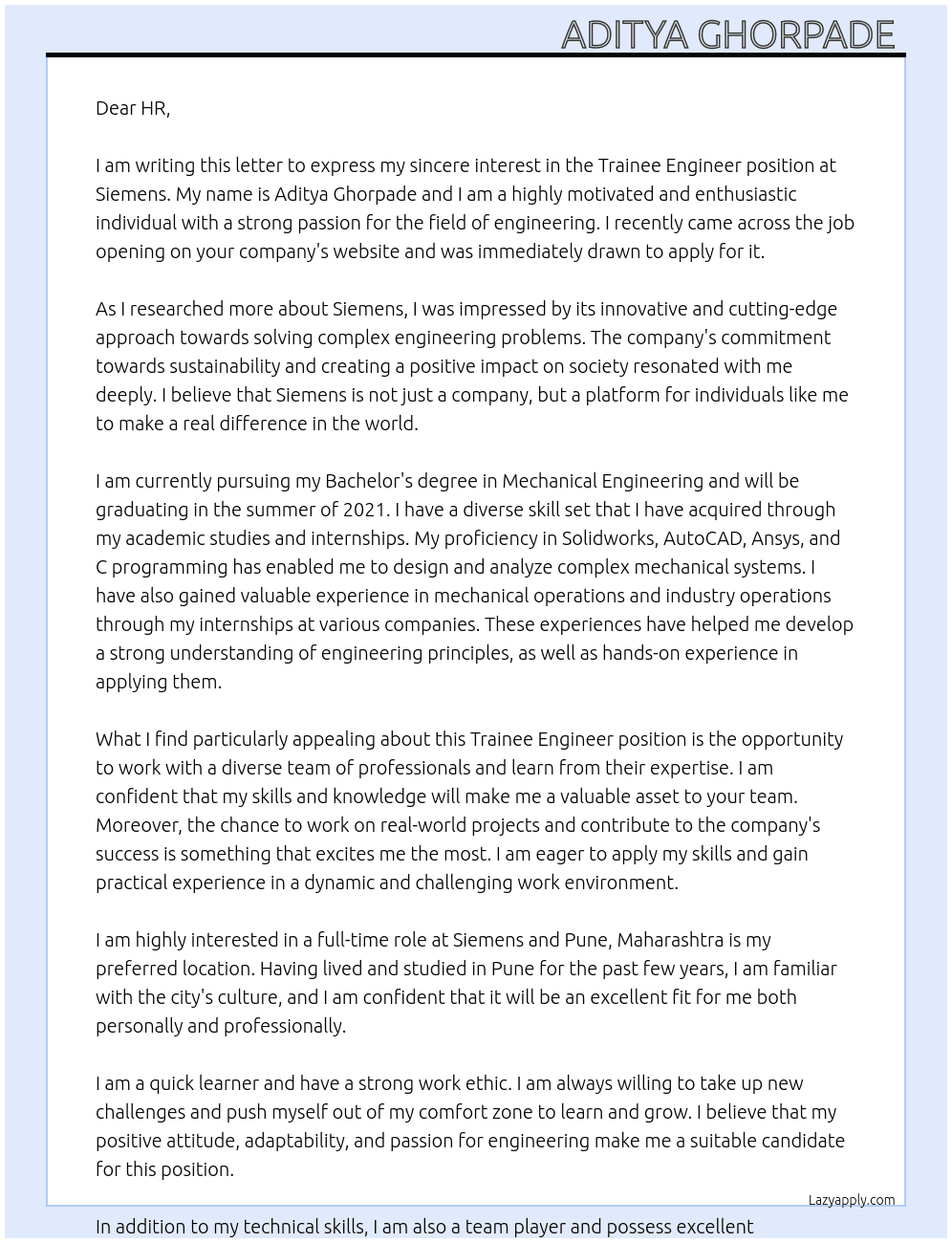 Trainee Engineer  At Siemens  Cover Letter