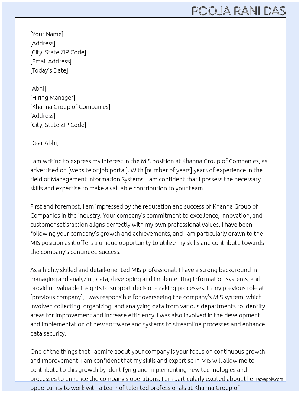MIS At Khanna Group of Companies Cover Letter