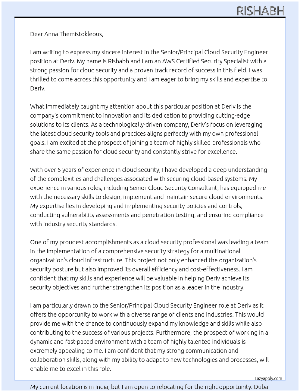Senior/Principal Cloud Security Engineer At Deriv Cover Letter