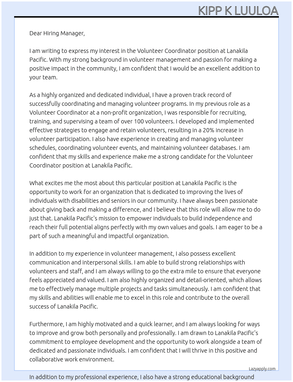 Volunteer Coordinator At Lanakila Pacific Cover Letter