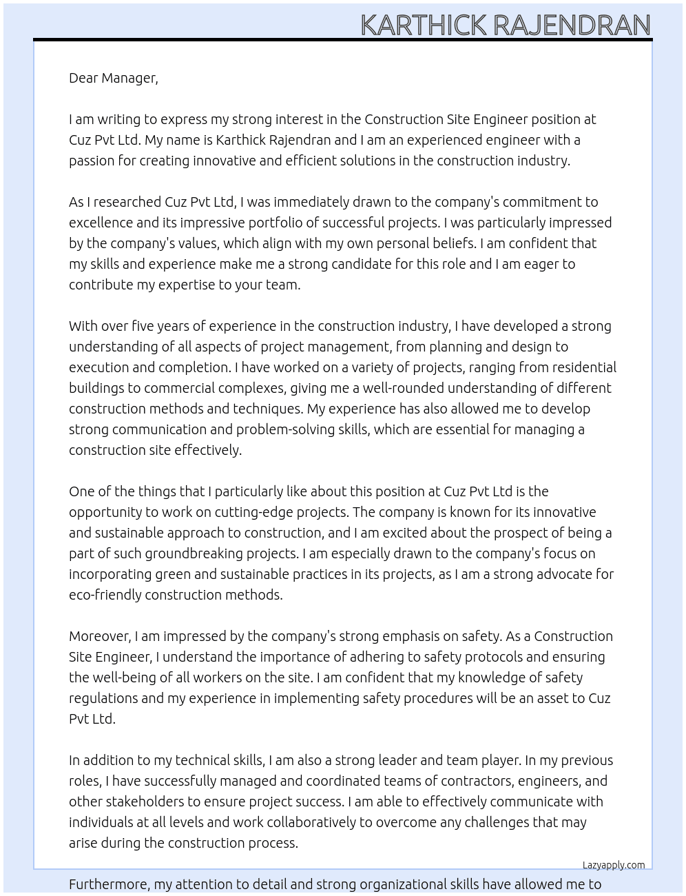 Construction site engineer  At Cuz pvt ltd Cover Letter