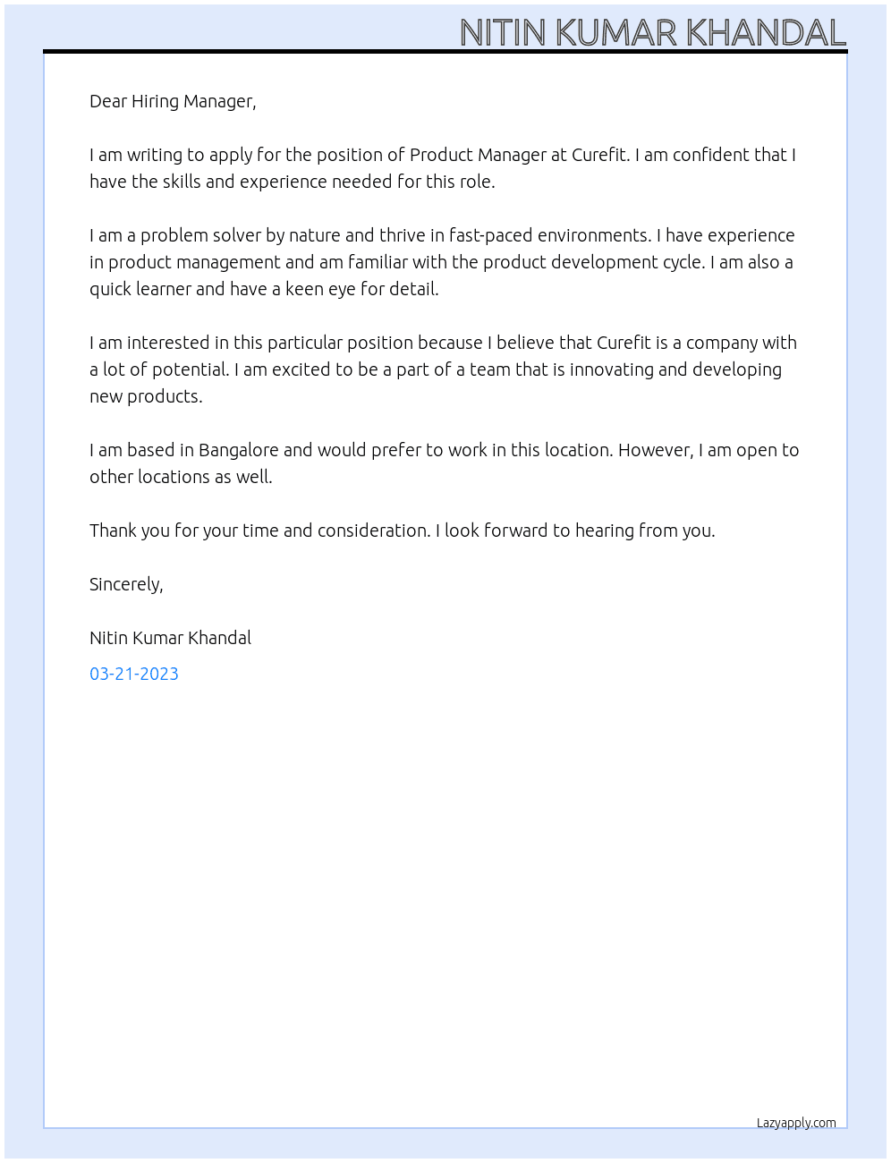 product manager At curefit Cover Letter