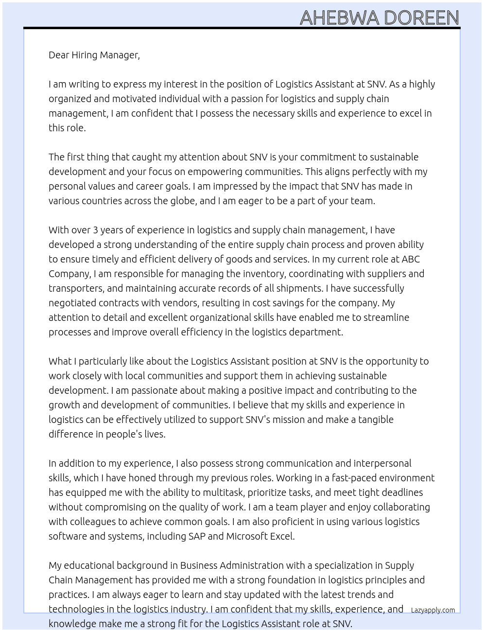Logistics Assistant At SNV Cover Letter
