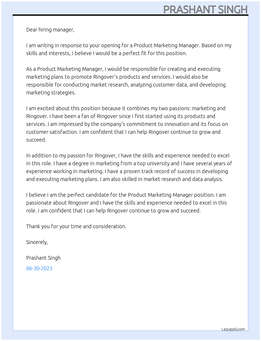 Product Marketing Manager At ringover Cover Letter