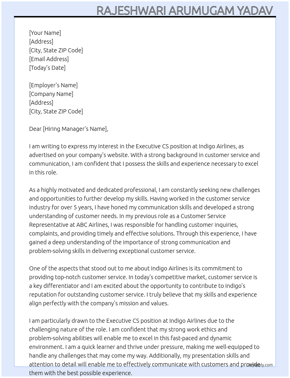 Cover letter for executive cs - LazyApply