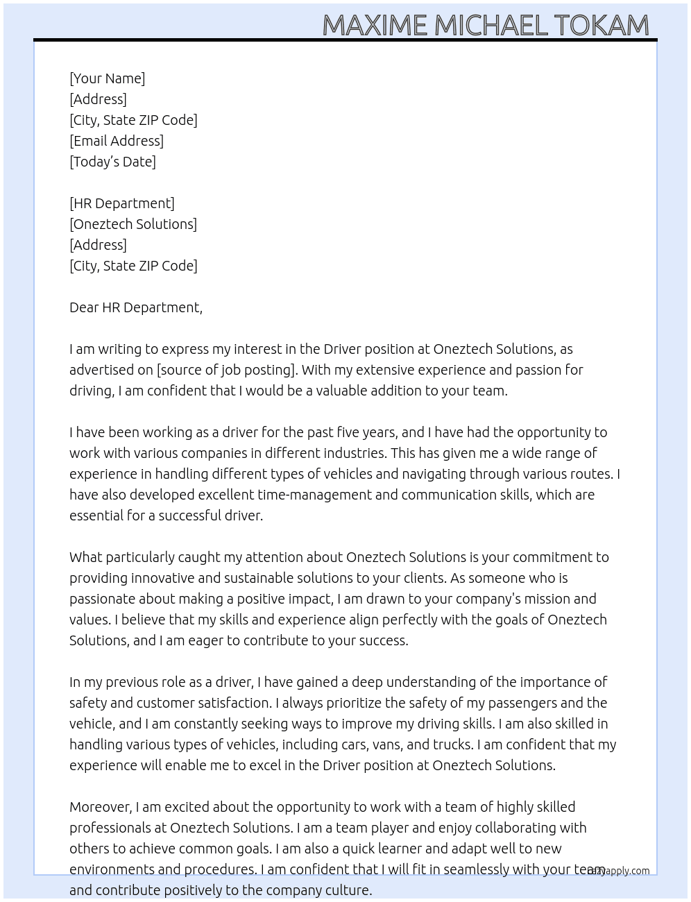 Driver  At Oneztech Solutions  Cover Letter