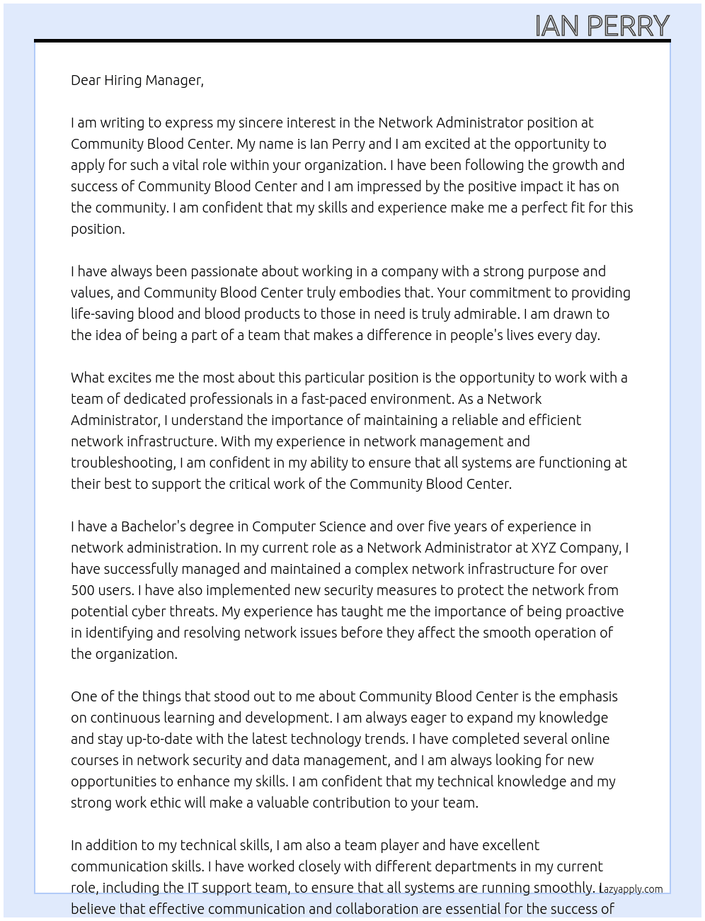 Network Administrator At Community Blood Center Cover Letter