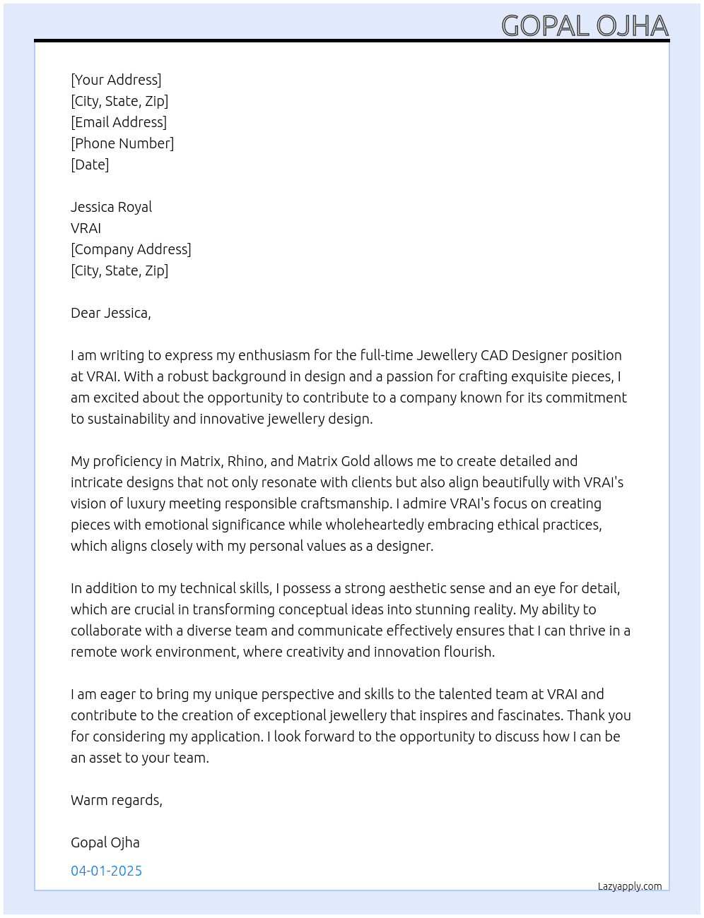 Jewellery cad designer At VRAI Cover Letter