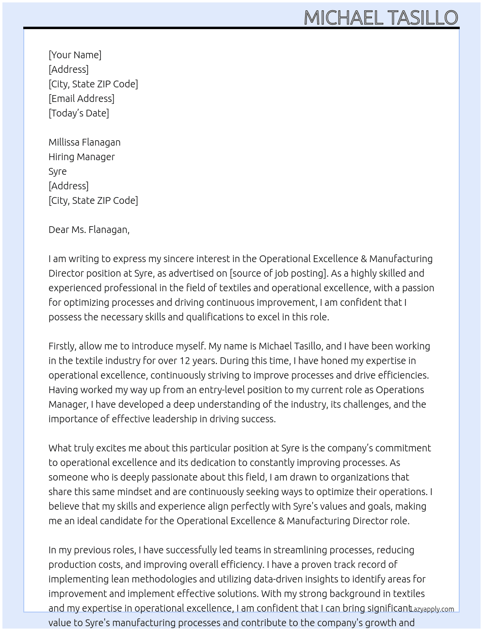 Operational Excellence & Manufacturing Director At Syre Cover Letter