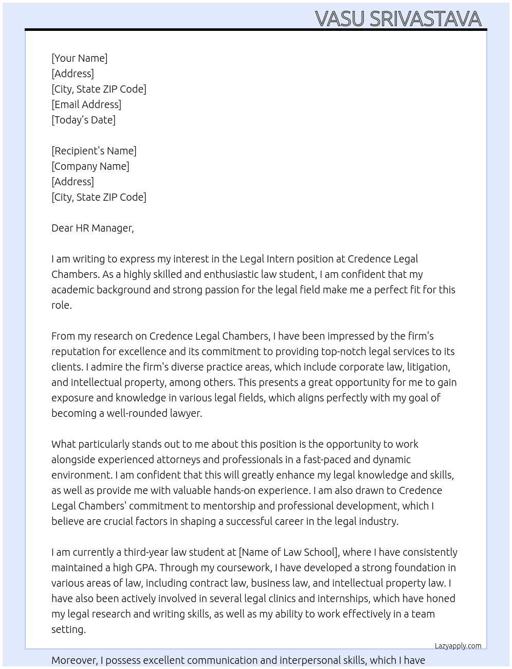Legal Intern At Credence Legal Chambers  Cover Letter