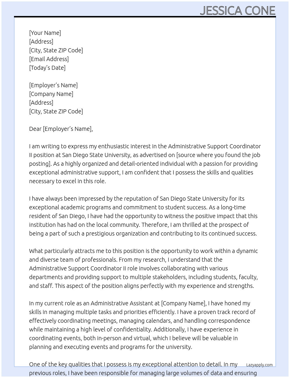 Administrative Support Coordinator II At San Diego State University Cover Letter