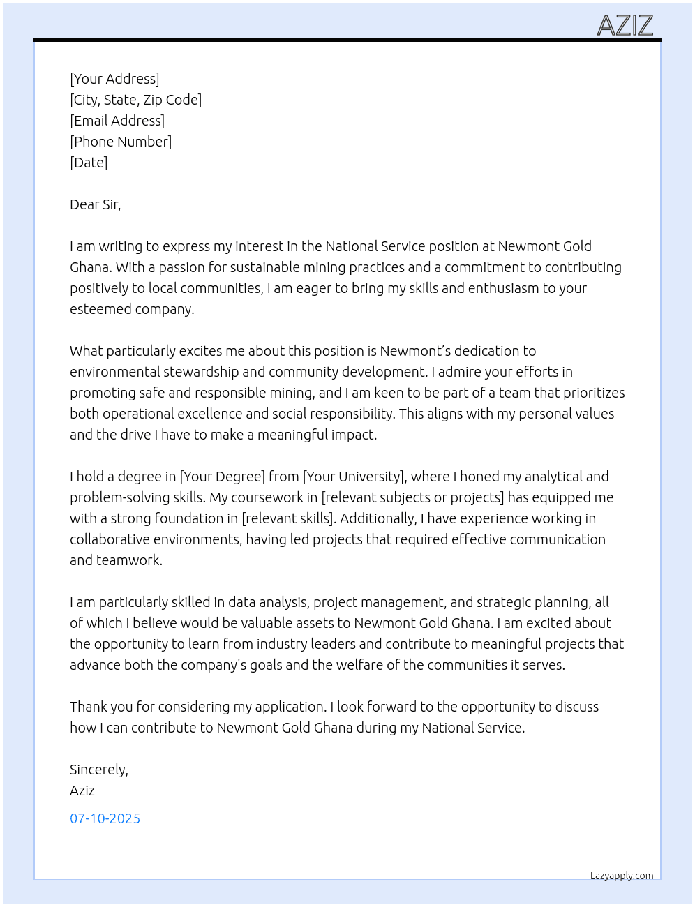 Cover letter for national service - LazyApply