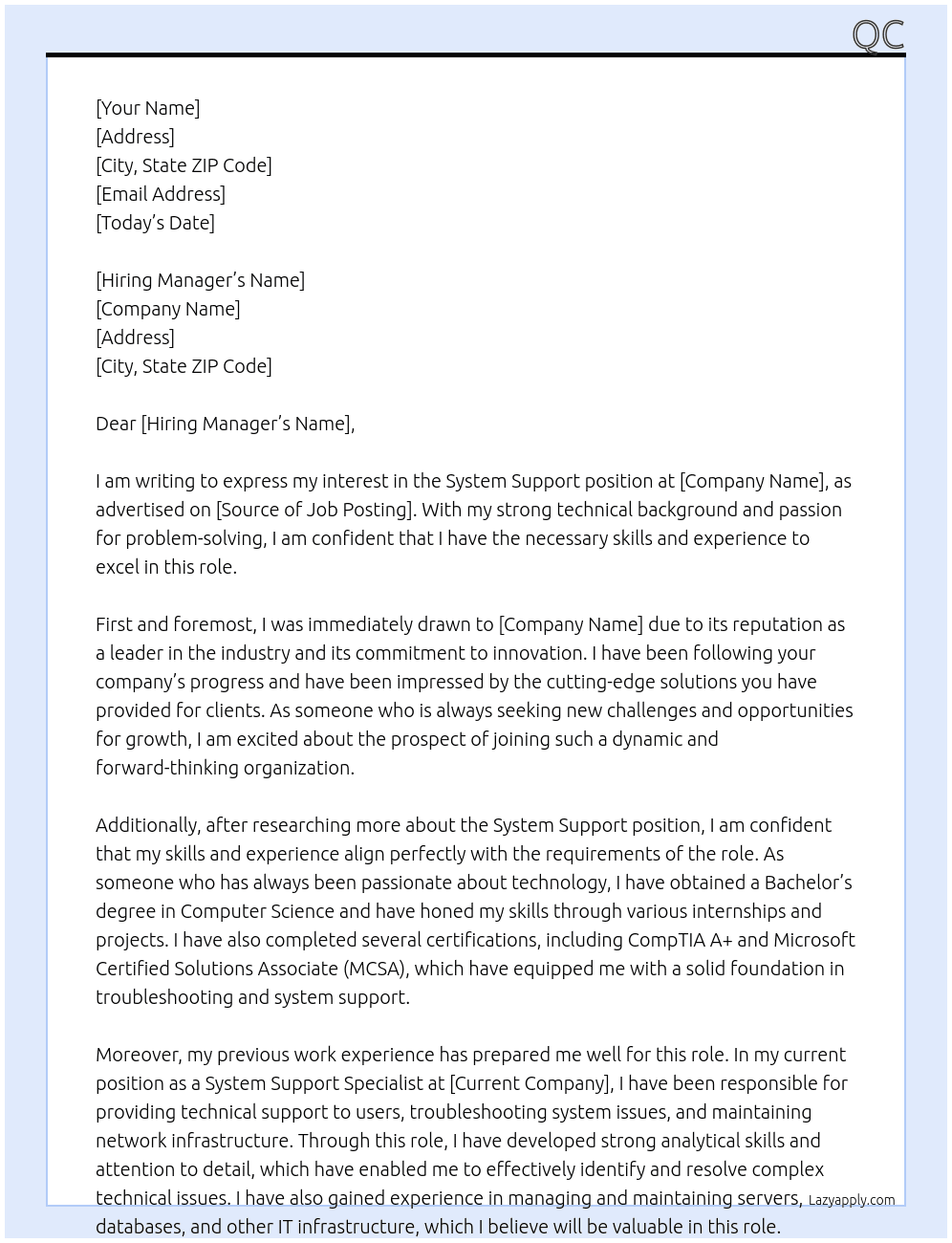 system support At bv Cover Letter