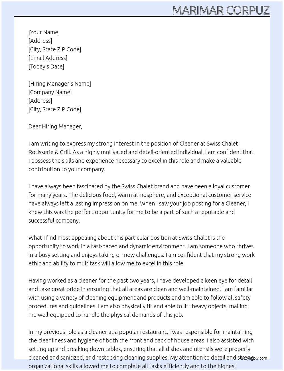 cleaner At Swiss Chalet Rotisserie & Grill Cover Letter