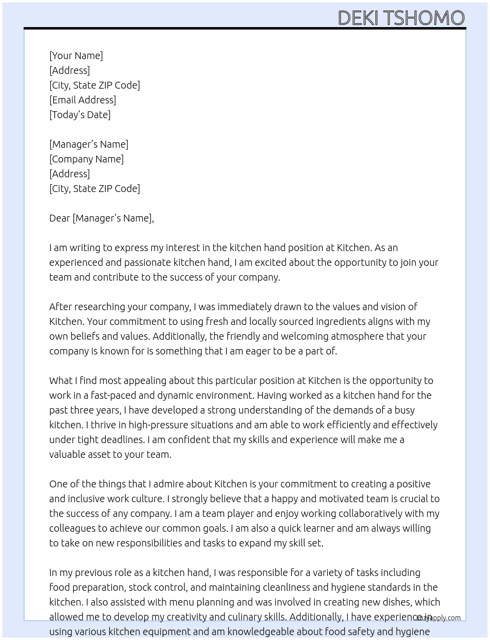 kitchen hand  At Kitchen  Cover Letter