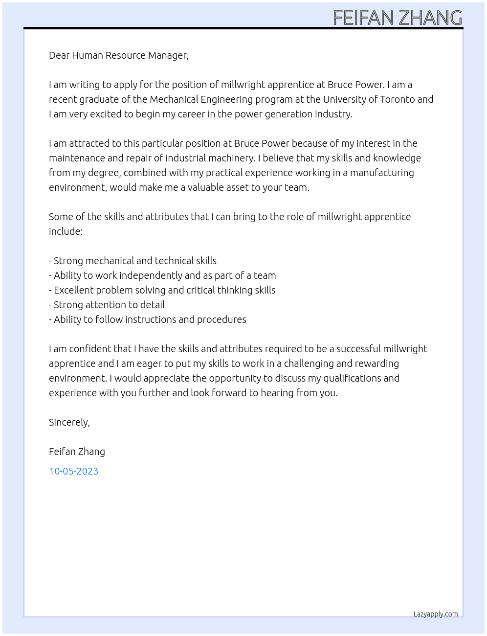 millwright apprentice At Bruce Power Cover Letter