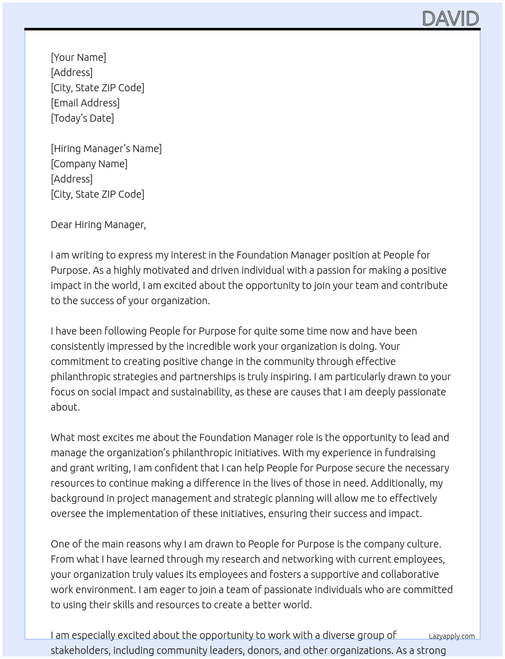 Foundation Manager At People for Purpose Cover Letter
