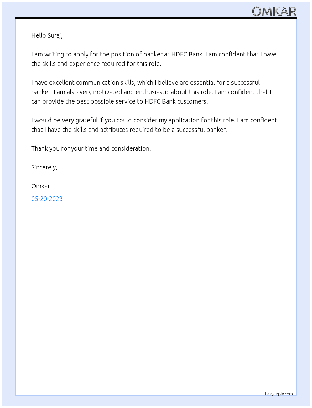 bank At hdfc bank Cover Letter