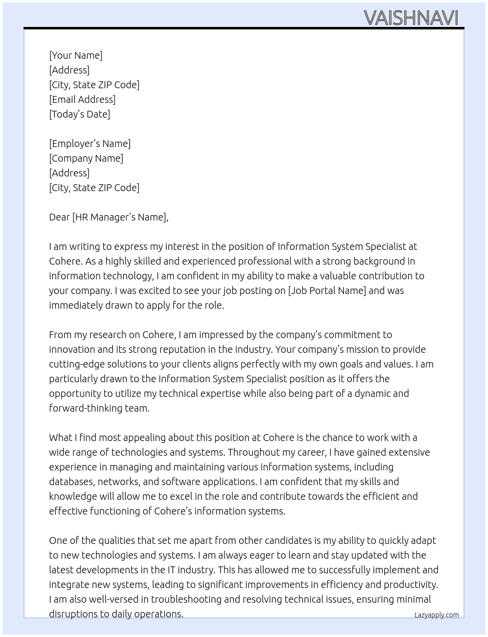 Information system specialist  At Cohere Cover Letter