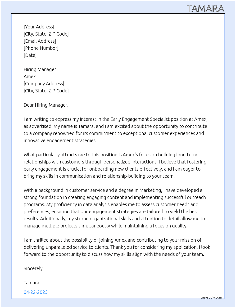 early engagement specialist At amex Cover Letter