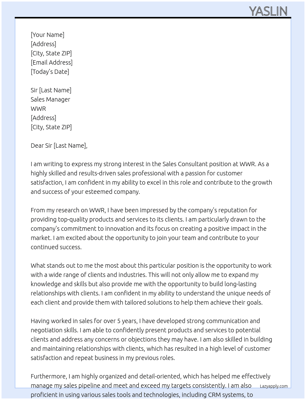Sales consultant  At WWR Cover Letter