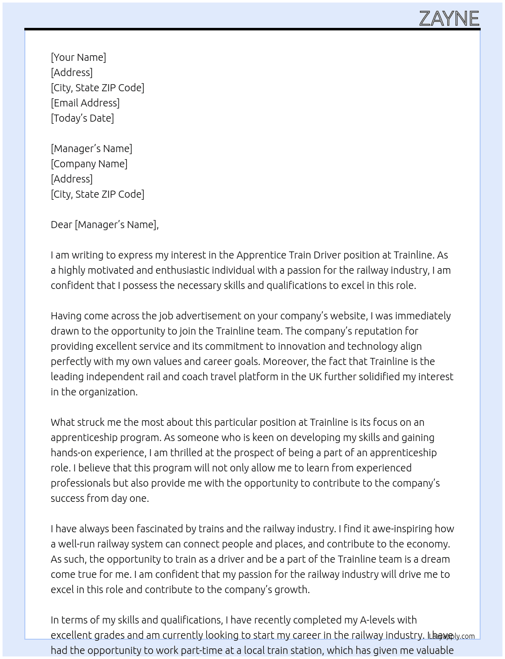 Apprentice train driver  At Trainline  Cover Letter