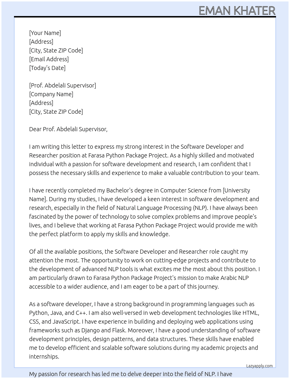 Cover letter for software developer and reasercher - LazyApply