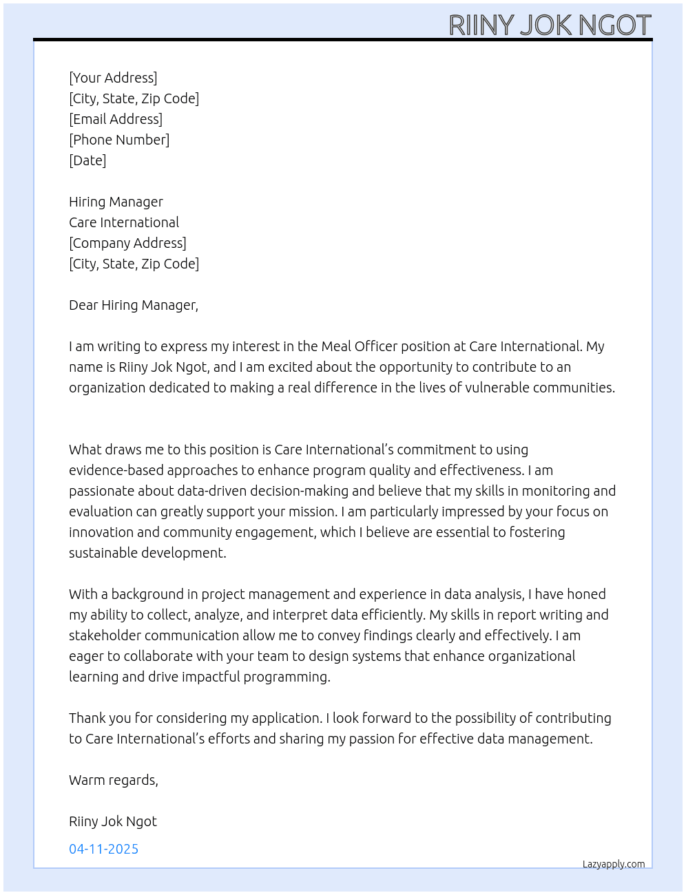 Meal Officer At Care International  Cover Letter
