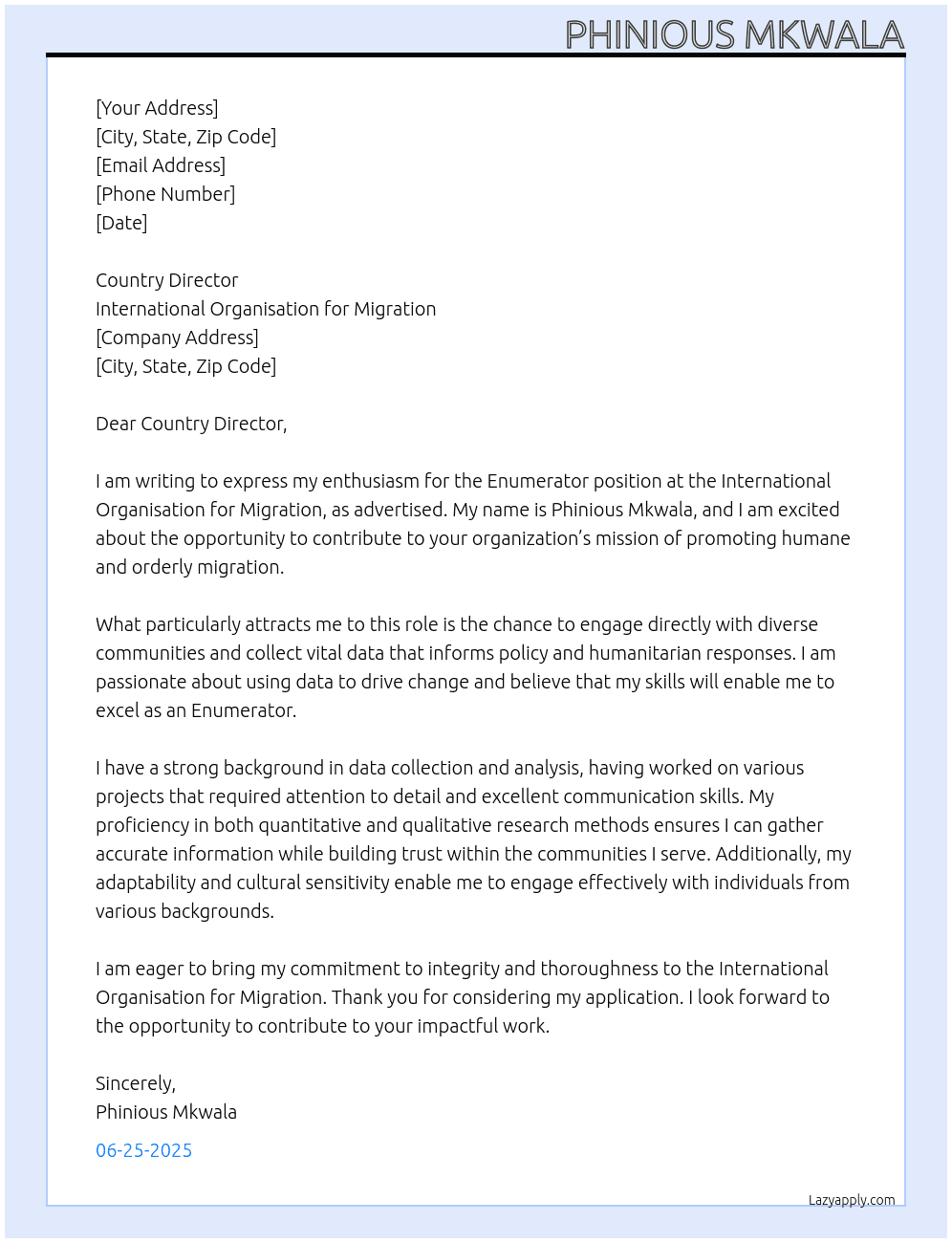 enumerator At Internationa organisation for migration Cover Letter