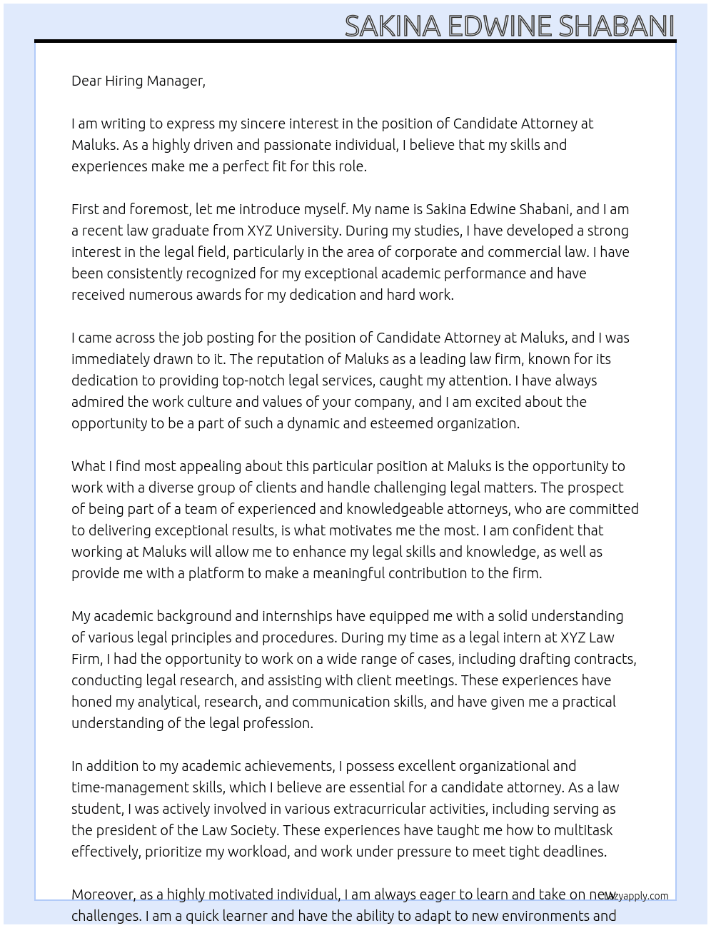 Candidate Attorney At Maluks Cover Letter
