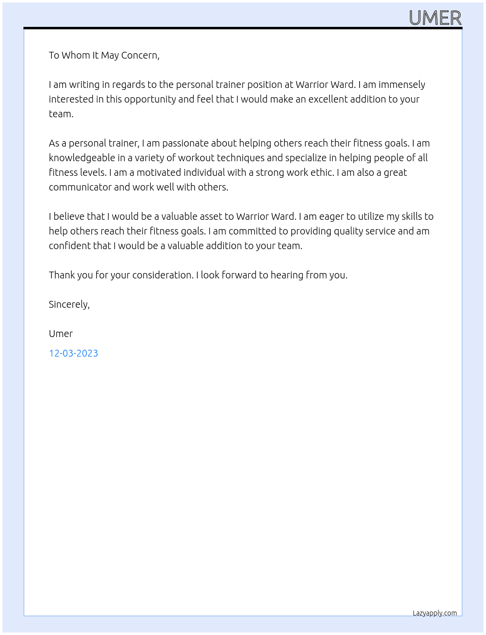 personal trainer At warrior ward Cover Letter