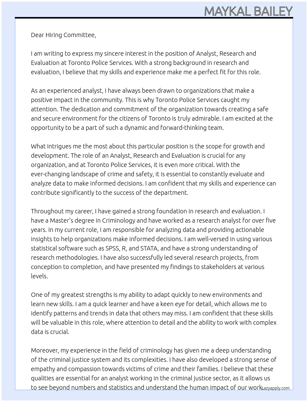 Analyst, Research and Evaluation At Toronto Police Services Cover Letter