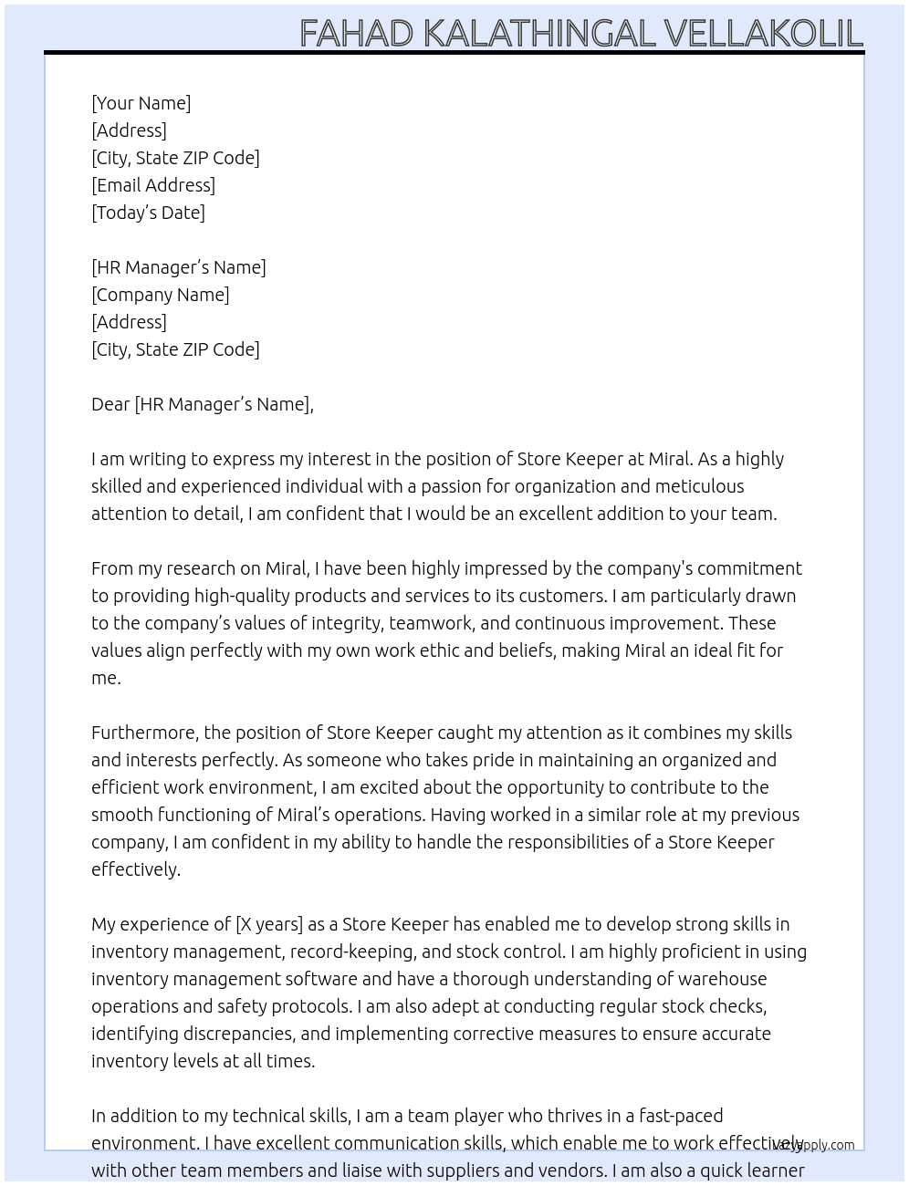 Store keeper At Miral Cover Letter
