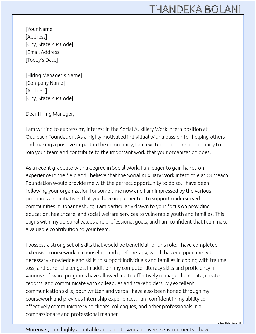 Social Auxiliary Work intern At Outreach Foundation  Cover Letter