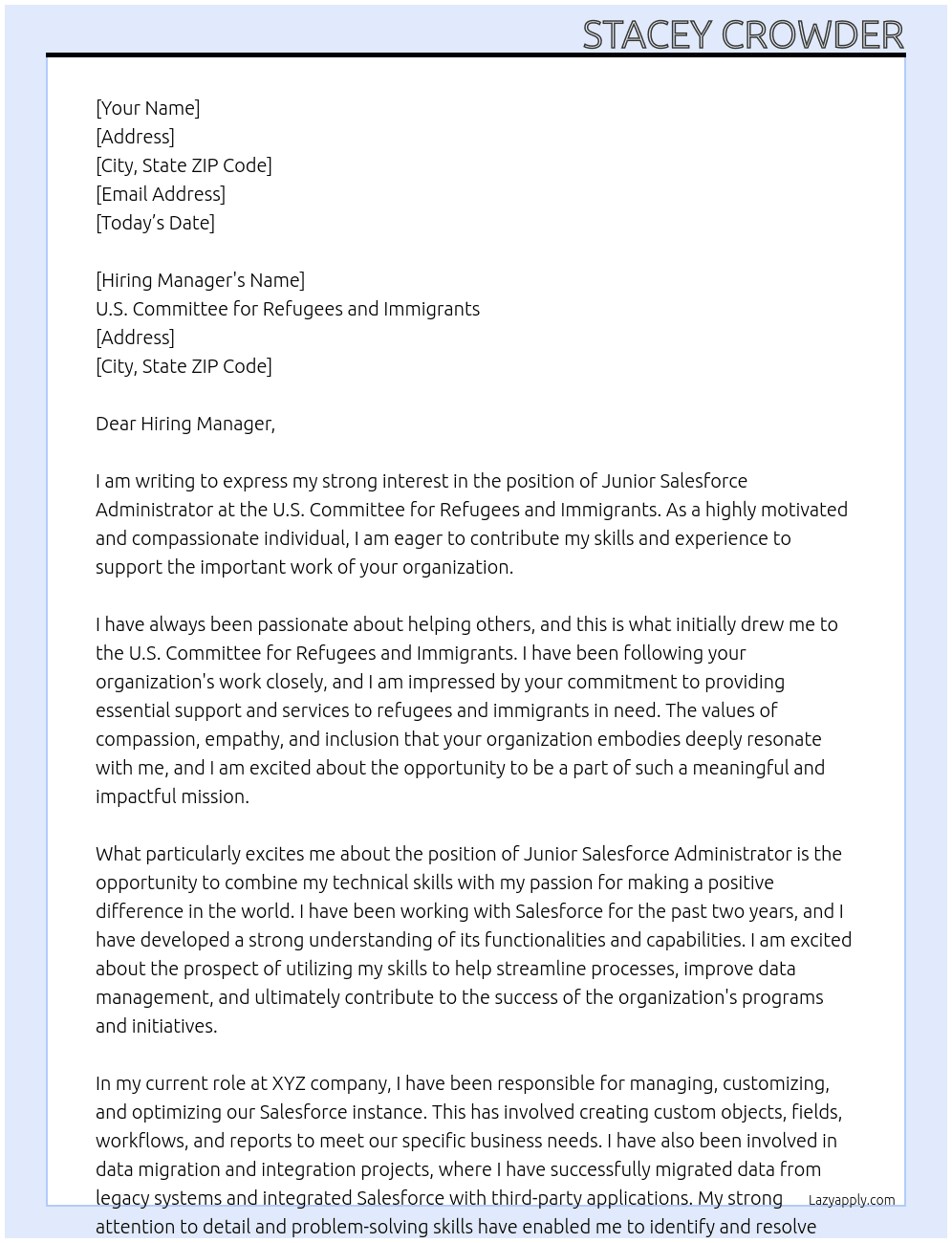 Junior Salesforce Administrator At U.S. Committee for Refugees and Immigrants  Cover Letter